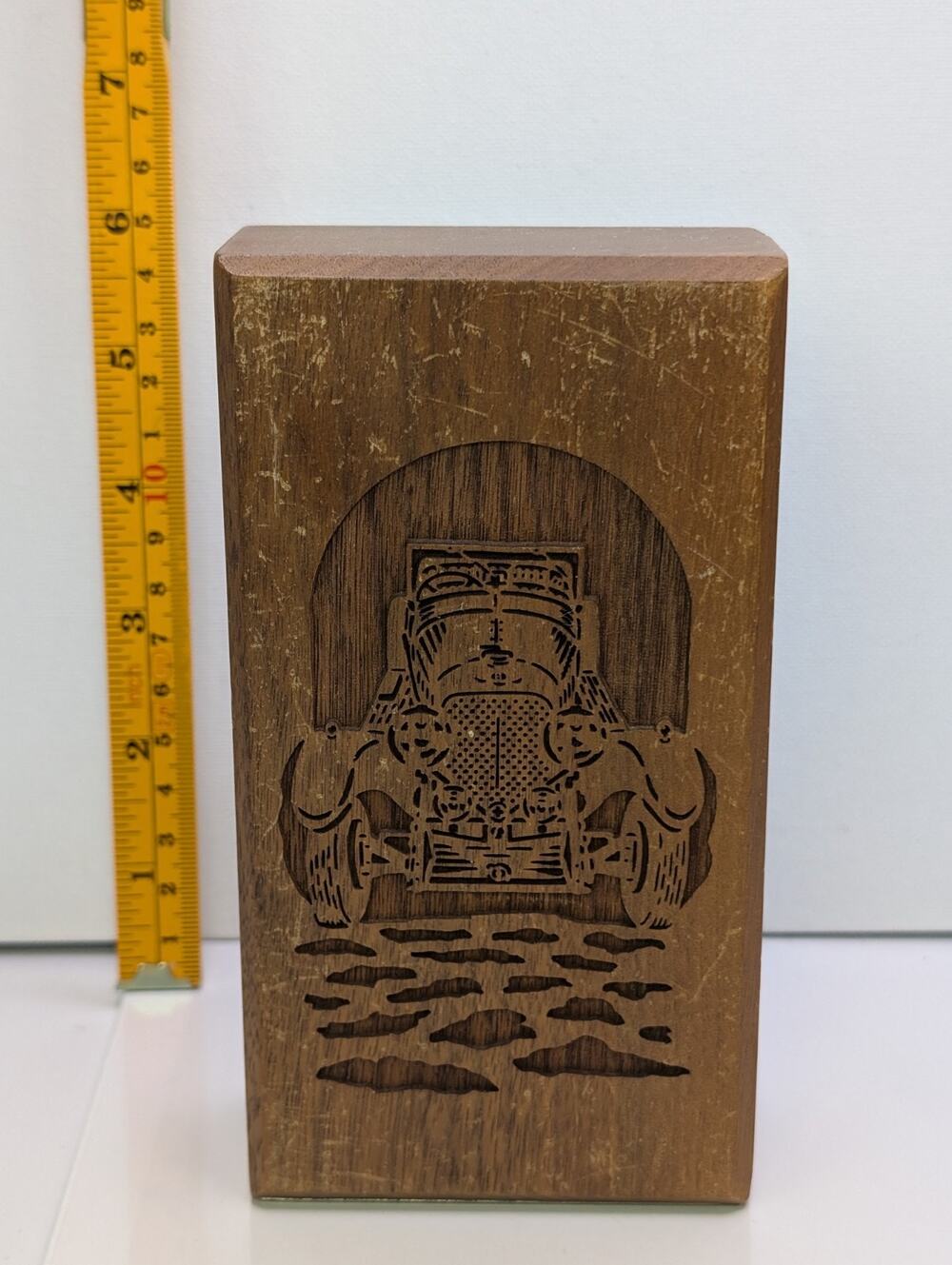 Vintage Laser Works Solid American Walnut Classic Car Bookend USA Engraved
